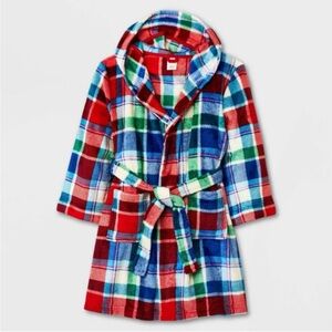 Cat & Jack Plaid Fleece Bath Robe Blue Green Red